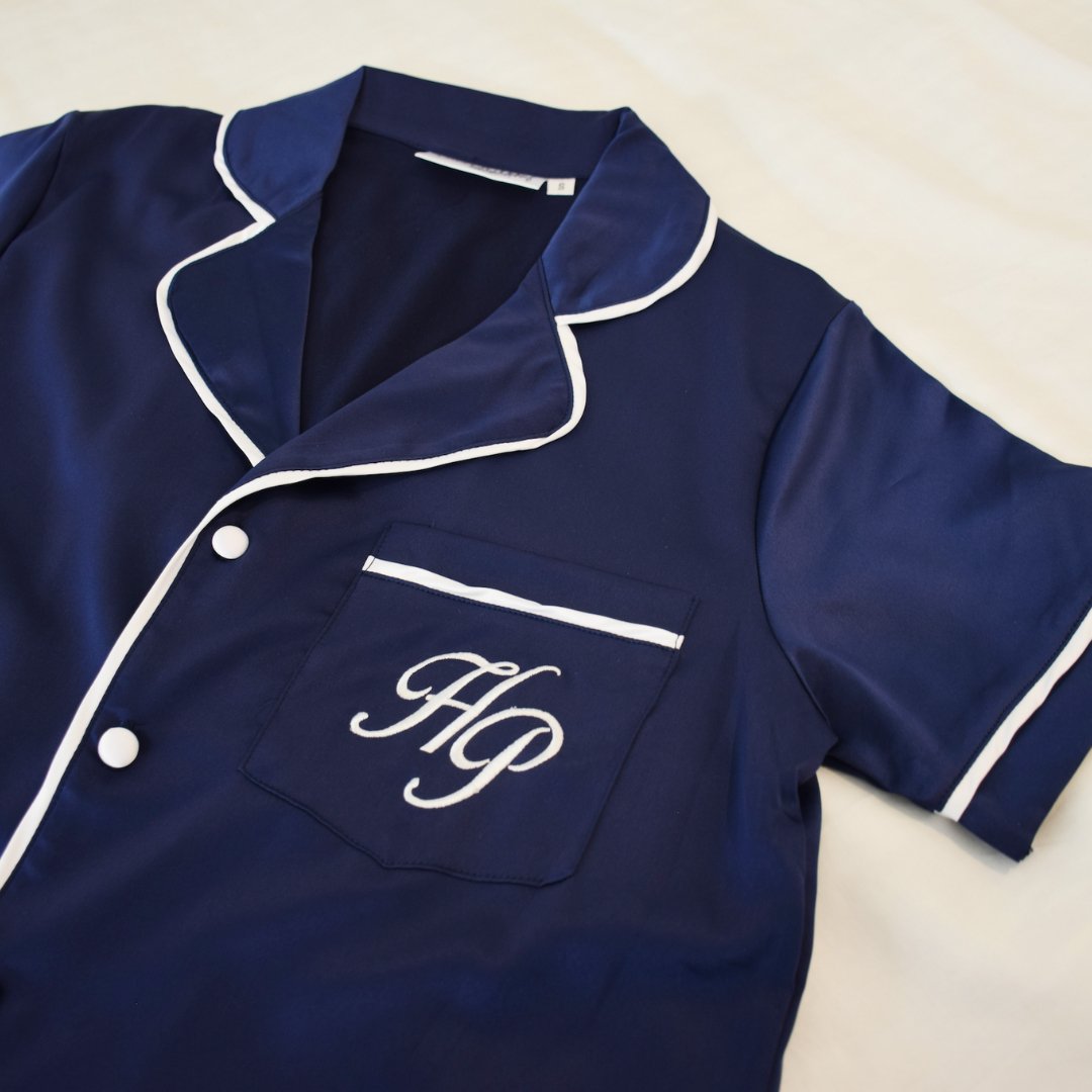 Satin Personalised Pyjama Set - Short Sleeve Navy/White