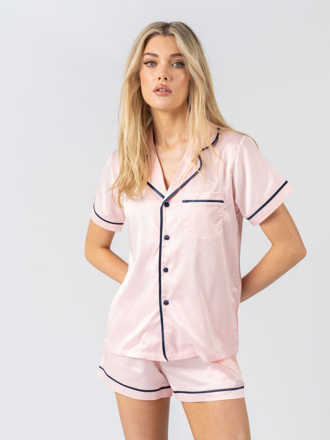 Satin Personalised Pyjama Set - Short Sleeve Pink/Navy