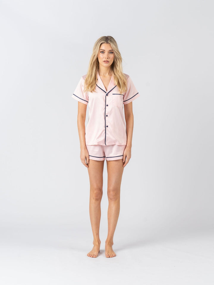 Satin Personalised Pyjama Set - Short Sleeve Pink/Navy