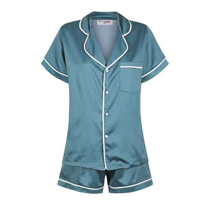 Satin Personalised Pyjama Set - Short Sleeve Teal Blue/White