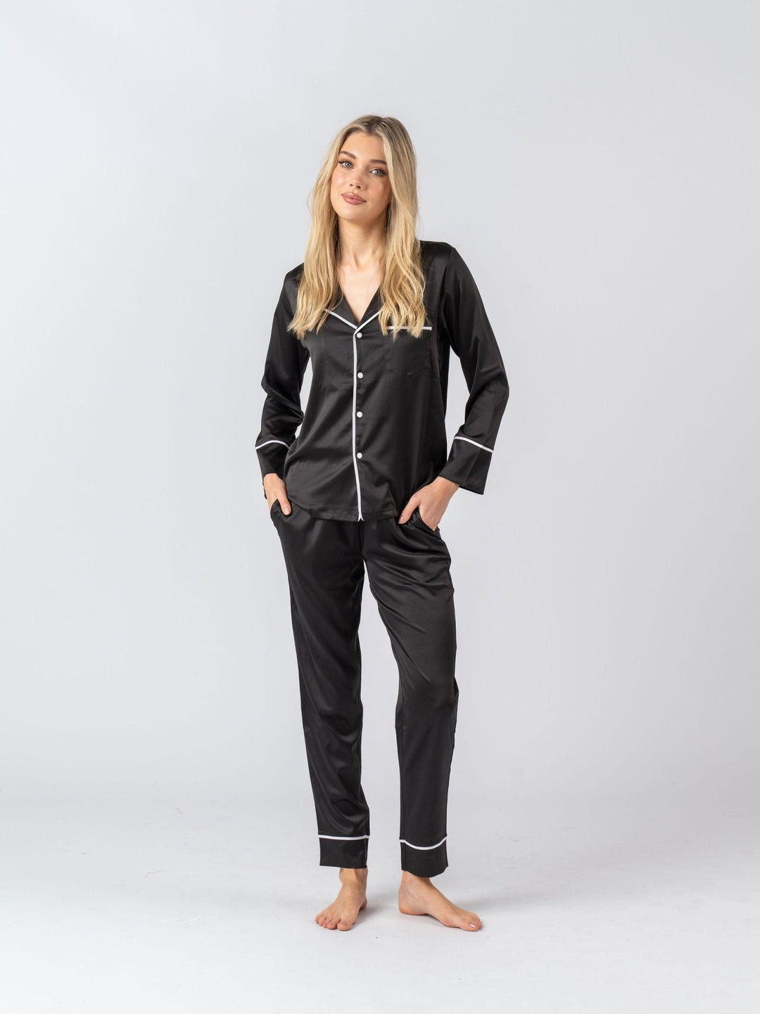 Satin Personalised Pyjama Winter Set - Long Sleeve & Long Pants Black/White