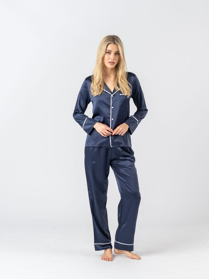 Satin Personalised Pyjama Winter Set - Long Sleeve & Long Pants Navy/White