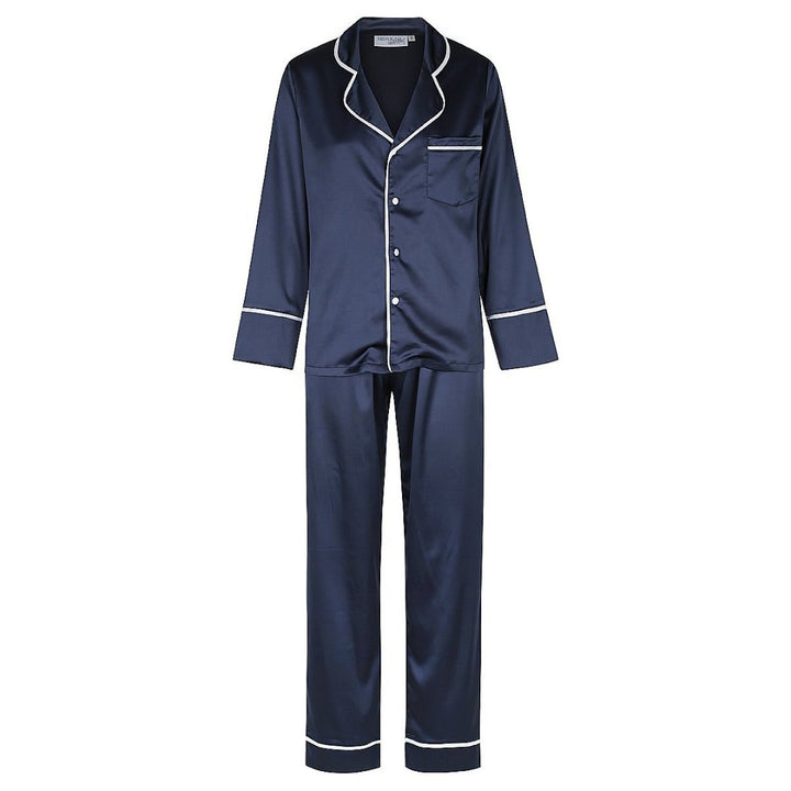 Satin Personalised Pyjama Winter Set - Long Sleeve & Long Pants Navy/White