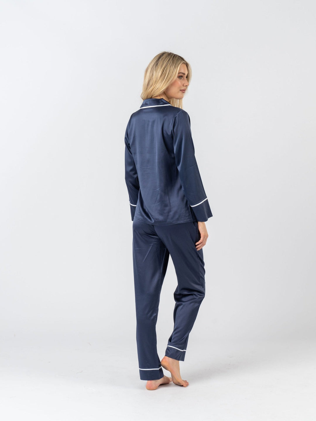 Satin Personalised Pyjama Winter Set - Long Sleeve & Long Pants Navy/White