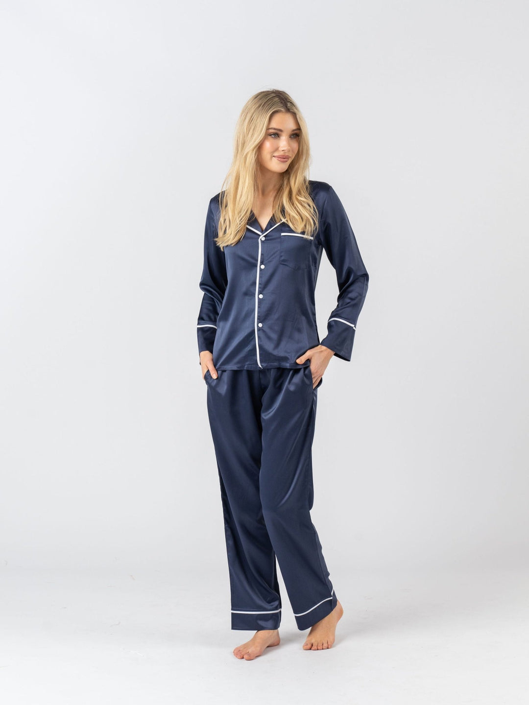 Satin Personalised Pyjama Winter Set - Long Sleeve & Long Pants Navy/White