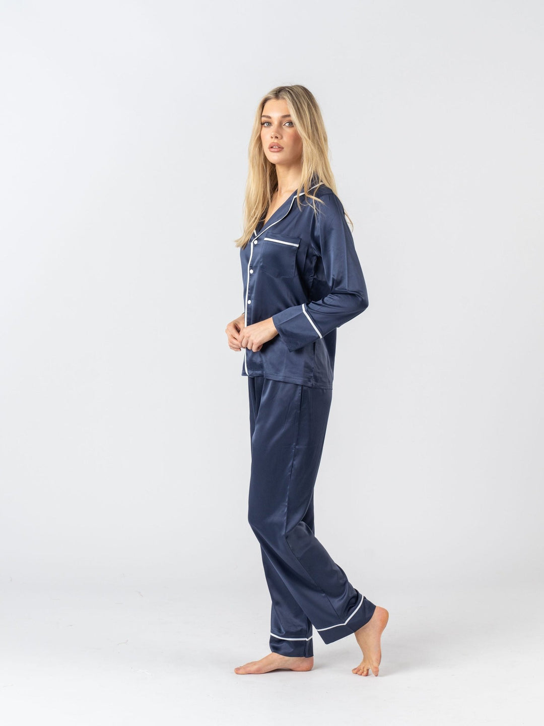 Satin Personalised Pyjama Winter Set - Long Sleeve & Long Pants Navy/White