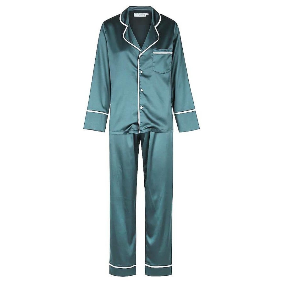 Satin Personalised Pyjama Winter Set - Long Sleeve & Long Pants Teal/White
