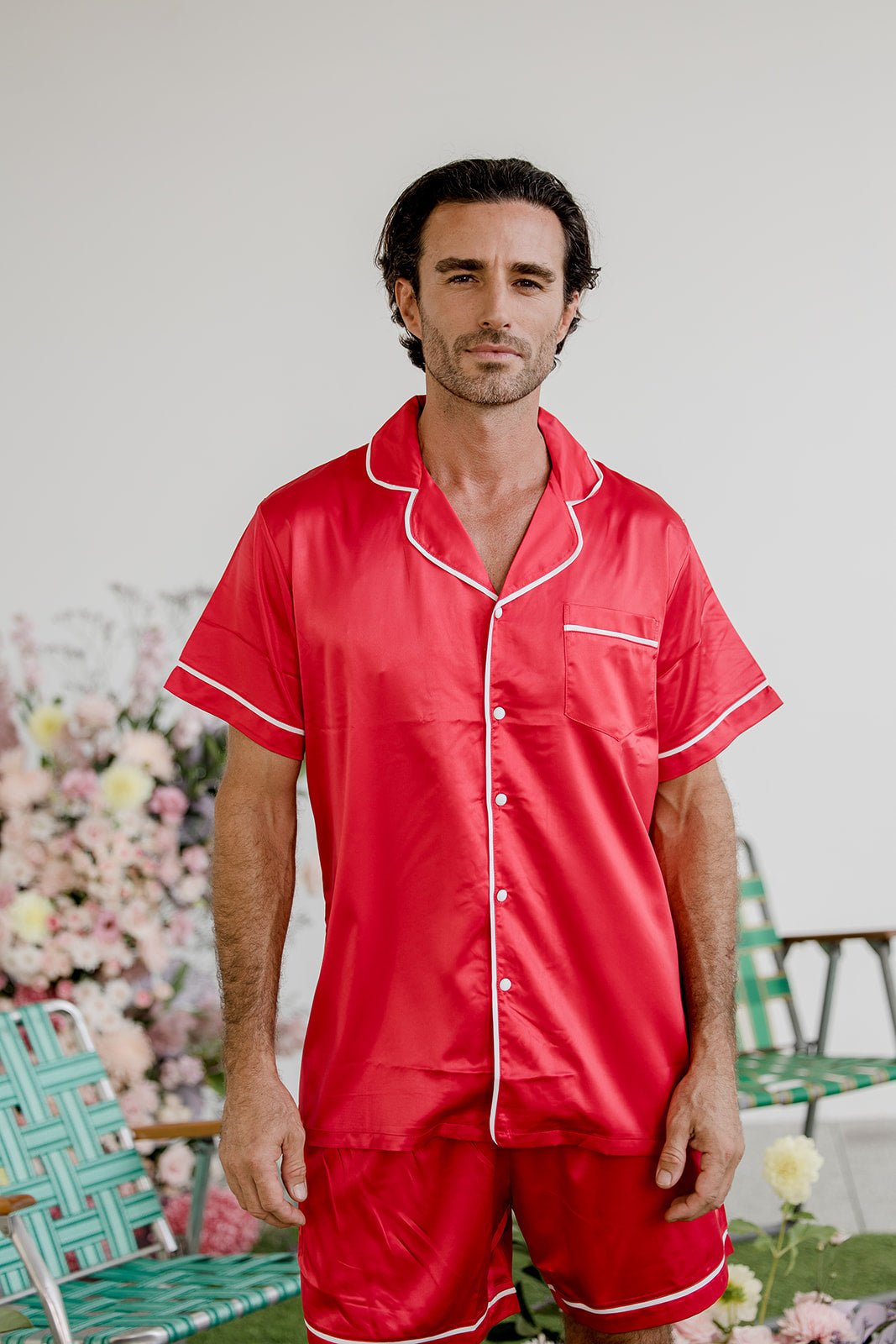 Men's Satin Personalised Pyjama Set Short Sleeve Red/White