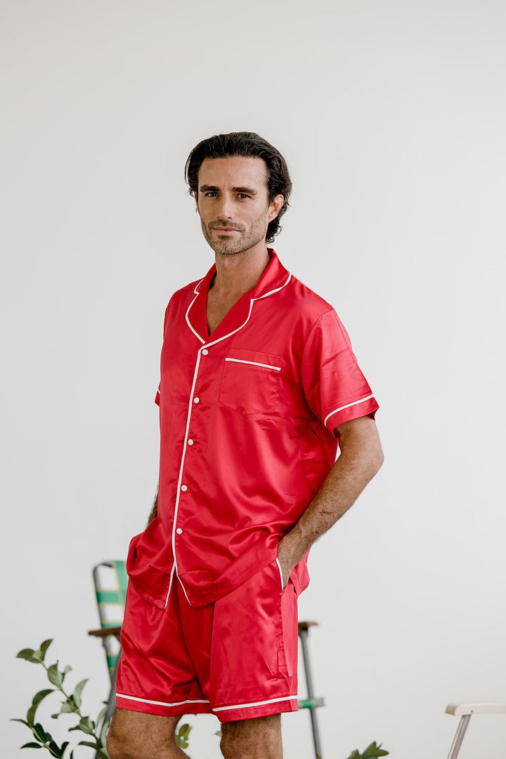 Men's Satin Personalised Pyjama Set - Short Sleeve Red/White
