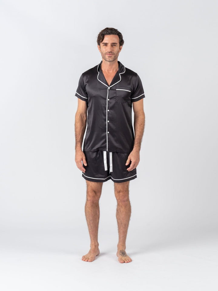 Men's Satin Personalised Pyjama Set - Short Sleeve Black/White