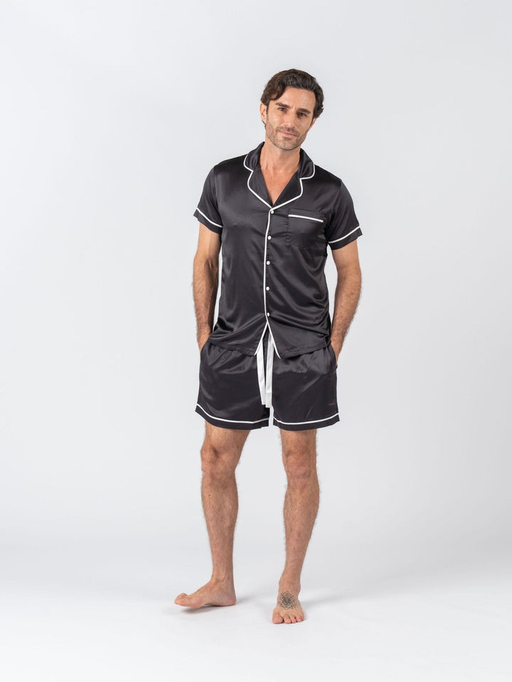 Men's Satin Personalised Pyjama Set - Short Sleeve Black/White