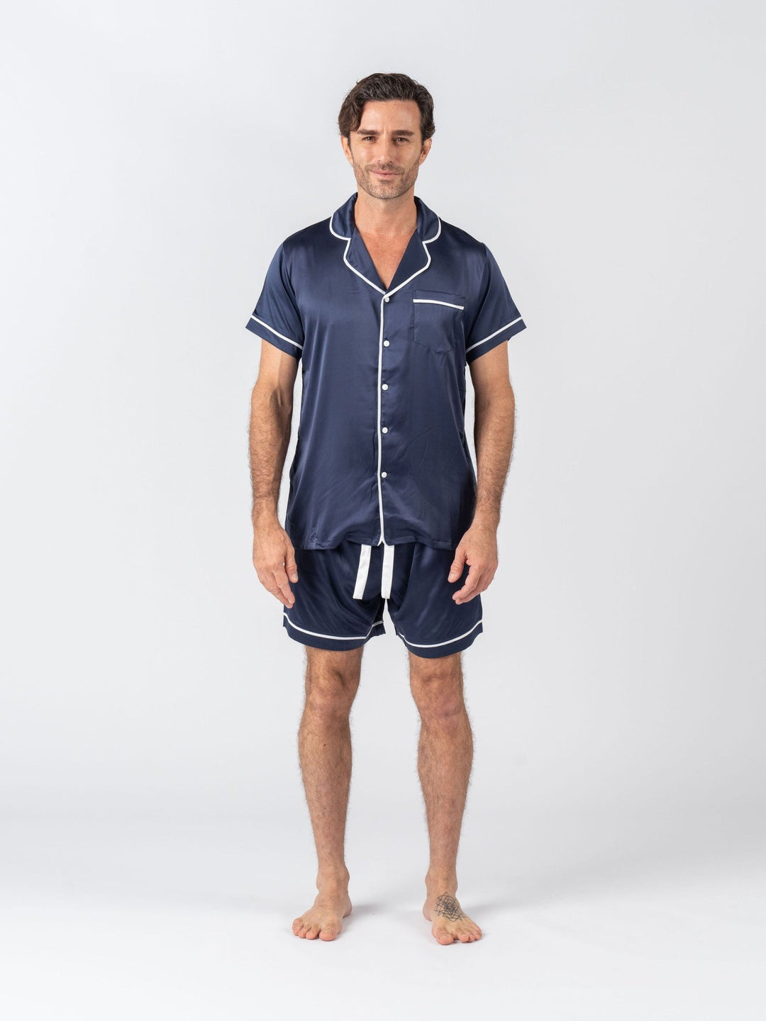 Men's Satin Personalised Pyjama Set - Short Sleeve Navy/White