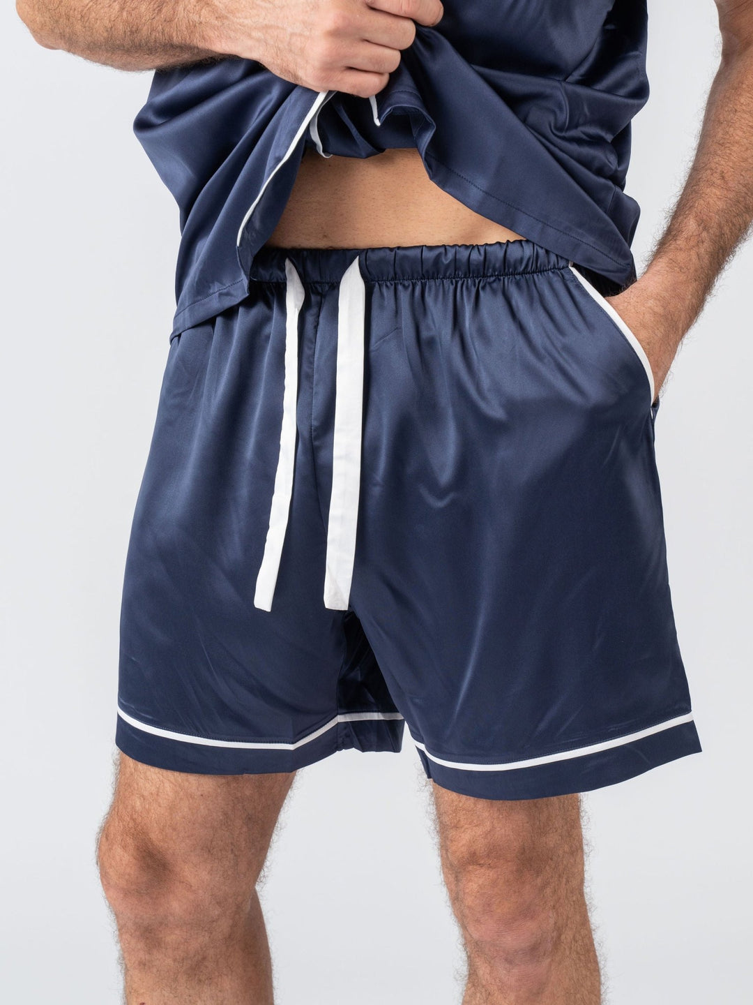 Men's Satin Personalised Pyjama Set - Short Sleeve Navy/White