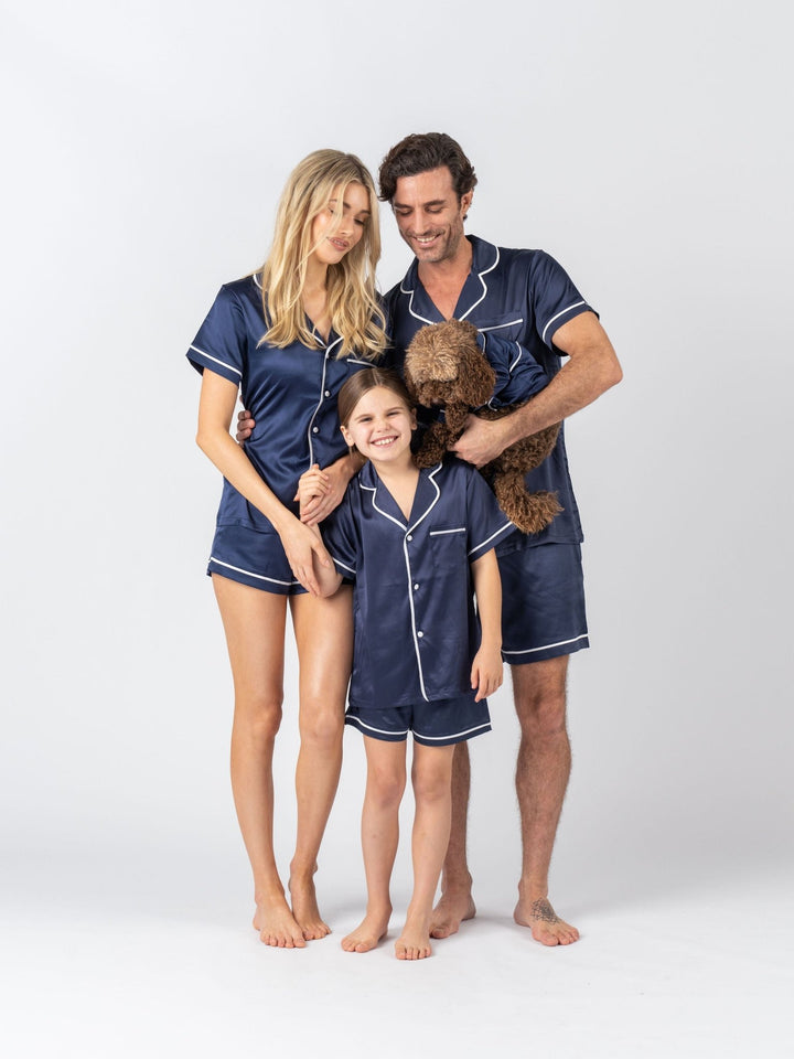 Men's Satin Personalised Pyjama Set - Short Sleeve Navy/White