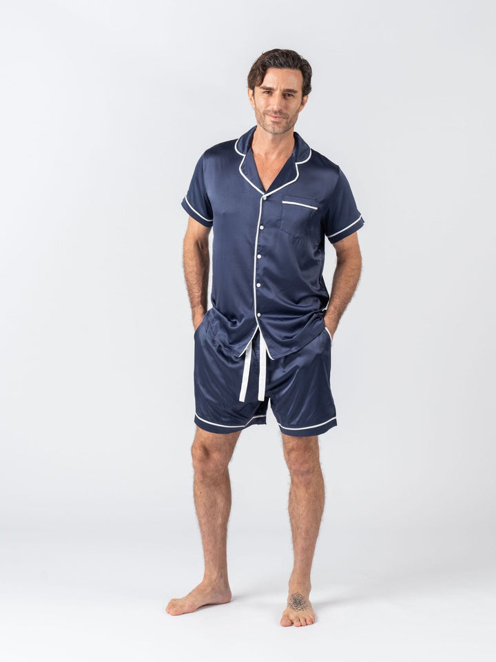 Men's Satin Personalised Pyjama Set - Short Sleeve Navy/White