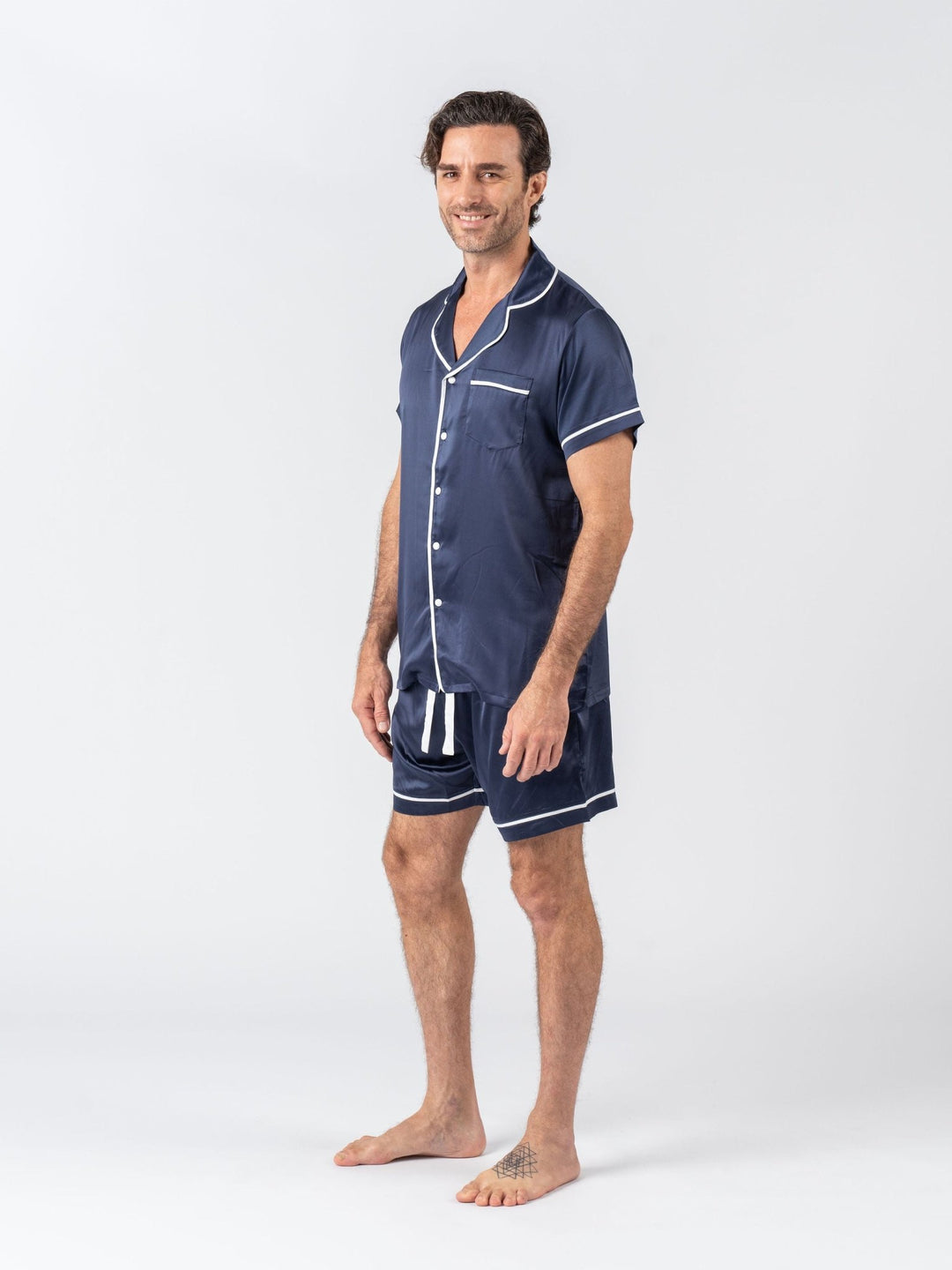 Men's Satin Personalised Pyjama Set - Short Sleeve Navy/White