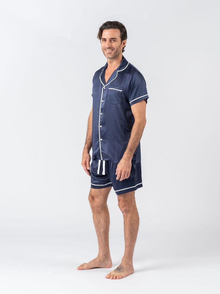 Men's Satin Personalised Pyjama Set - Short Sleeve Navy/White