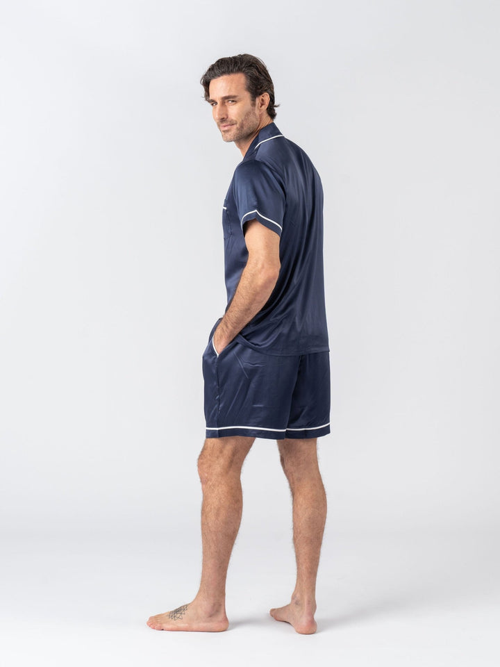 Men's Satin Personalised Pyjama Set - Short Sleeve Navy/White