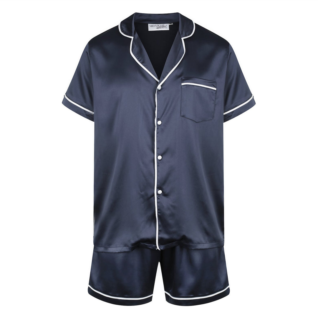 Men's Satin Personalised Pyjama Set - Short Sleeve Navy/White