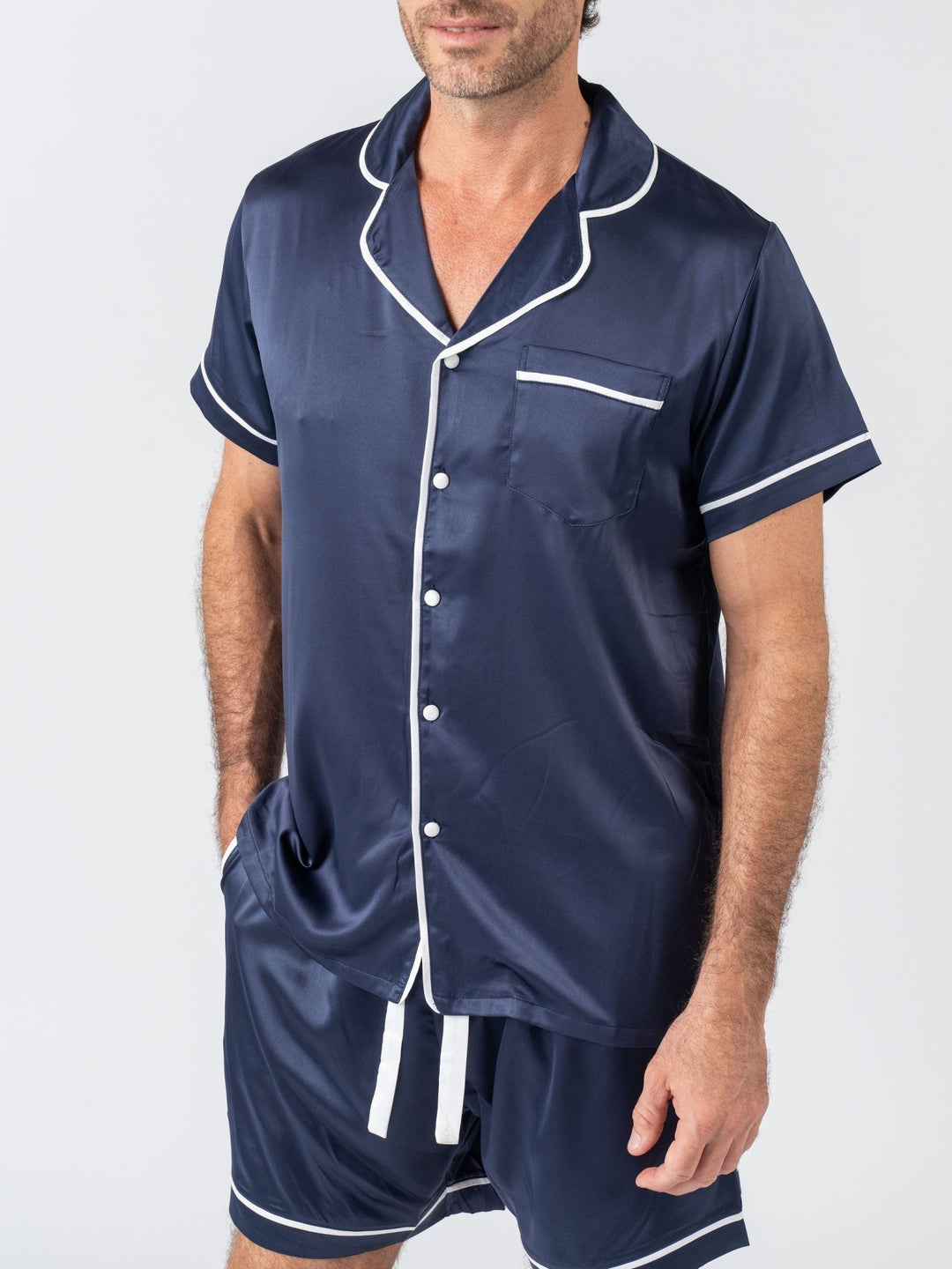 Men's Satin Personalised Pyjama Set - Short Sleeve Navy/White