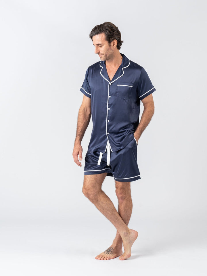 Men's Satin Personalised Pyjama Set - Short Sleeve Navy/White