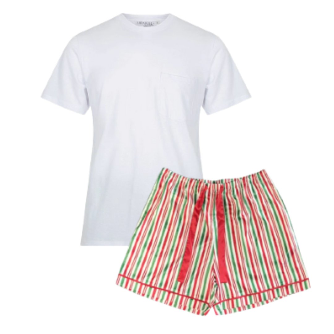 Men's Satin Personalised Pyjama Set - Cotton Shirt with Candy Cane Print Shorts