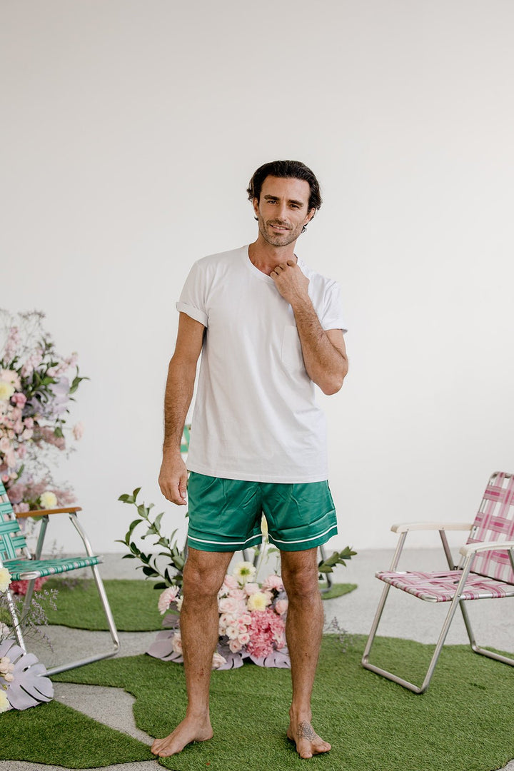 Men's Satin Personalised Pyjama Set - Cotton Shirt with Emerald Green Shorts