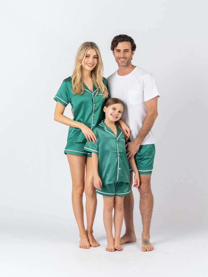 Men's Satin Personalised Pyjama Set - Cotton Shirt with Emerald Green Shorts