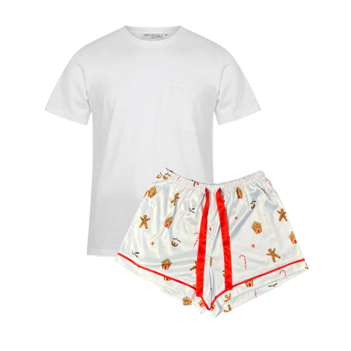 Men's Satin Personalised Pyjama Set - Cotton Shirt with Gingerbread Print Shorts