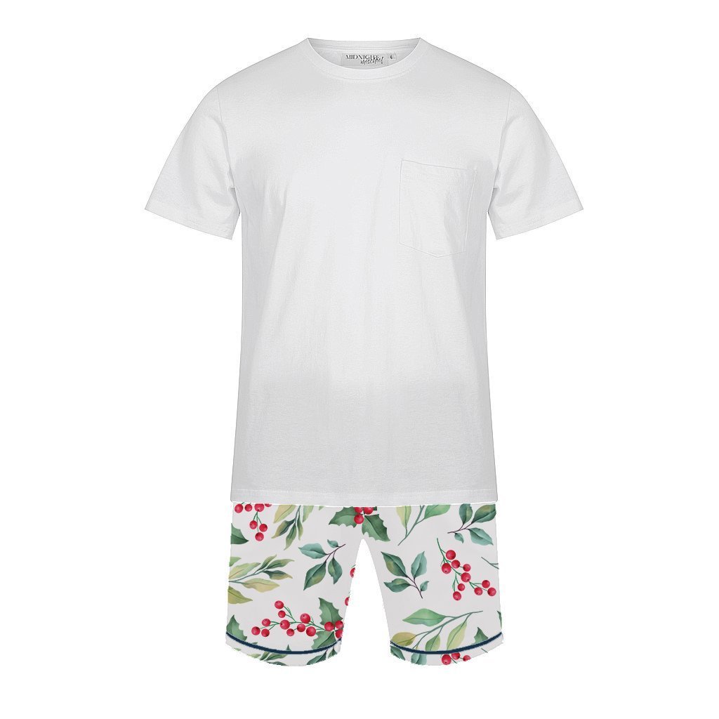 Men's Satin Personalised Pyjama Set - Cotton Shirt with Mistletoe Print Shorts