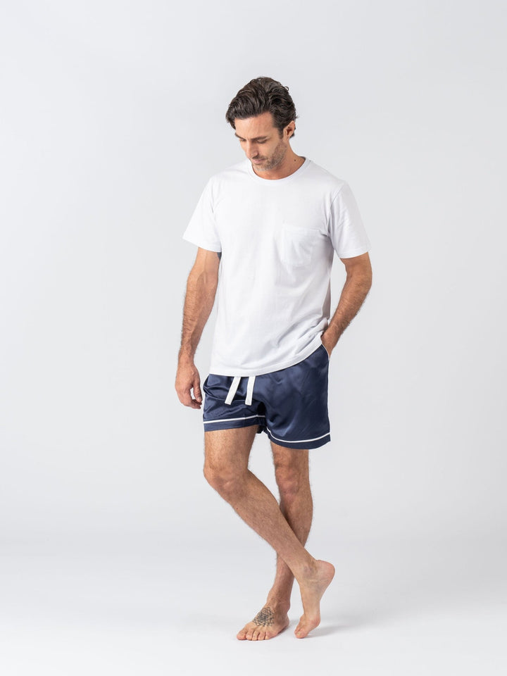 Men's Satin Personalised Pyjama Set - Cotton Shirt with Navy Shorts