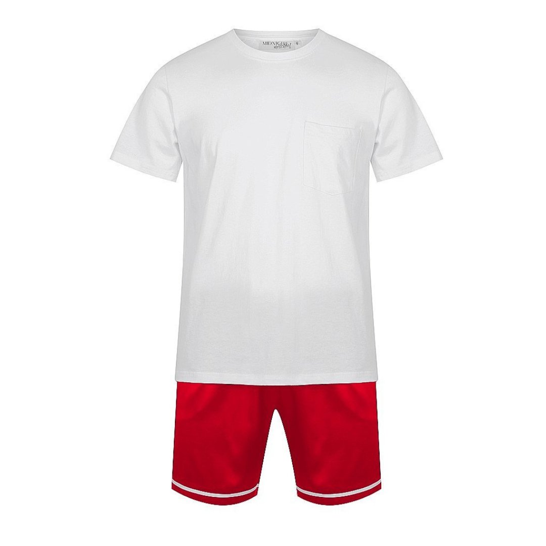 Men's Satin Personalised Pyjama Set - Cotton Shirt with Red Shorts