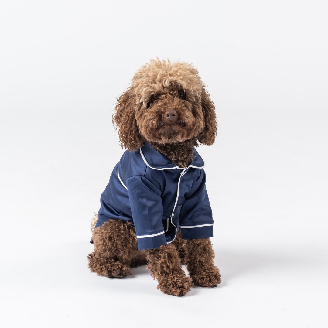 Satin Dog Pyjama Shirt - Navy/White