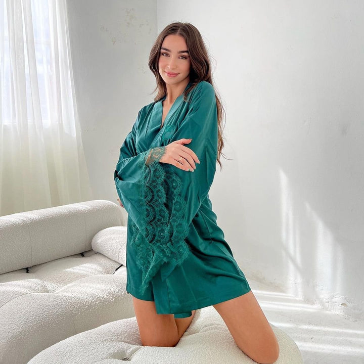Satin Personalised Forest Green Lace Short Robe - Forest Green Lace Details